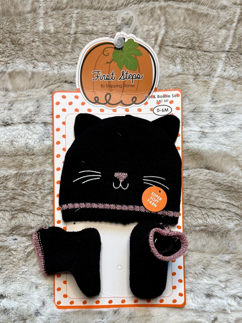 *NWT* First Steps by Stepping Stones Black Cat Knit Hat & Bootie Set, Size 0-6M